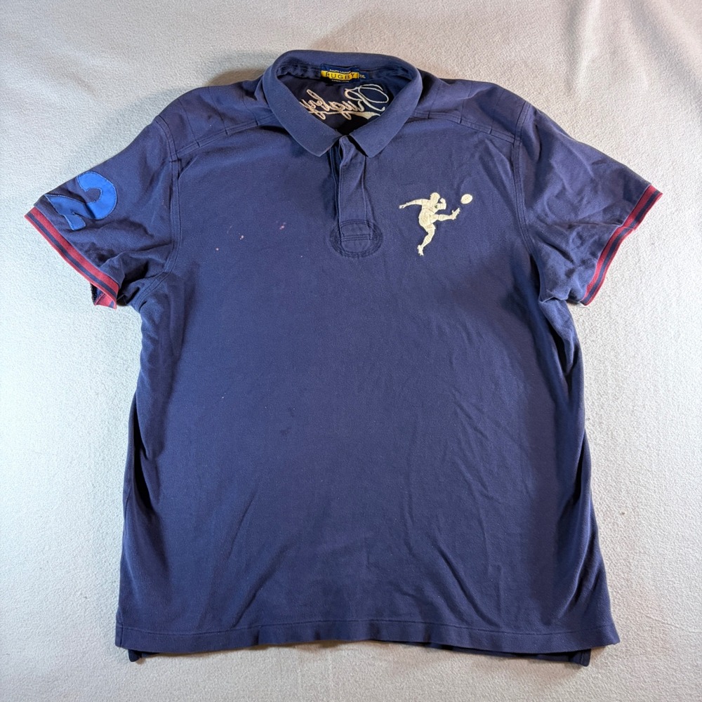 Ralph Lauren Rugby Mens XXL Navy Blue Embroidered Kicking Player Polo Shirt